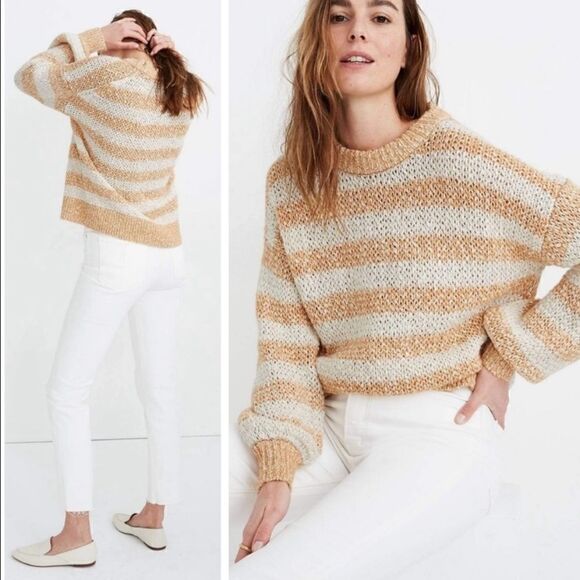 Madewell Baez Stripe Wool Blend Pullover Sweater Orange - Picture 10 of 10